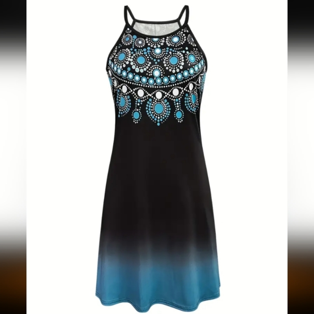 NEW, NEVER WORN SZ Large Black and Blue Sleeveless Dress with Patterned Design